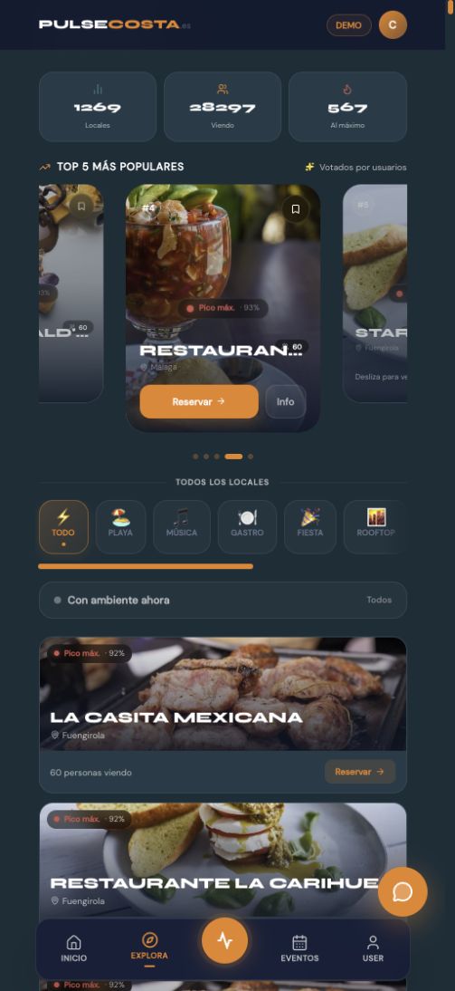 Pantalla actual de PulseCosta con locales populares, categorías y opciones de reserva